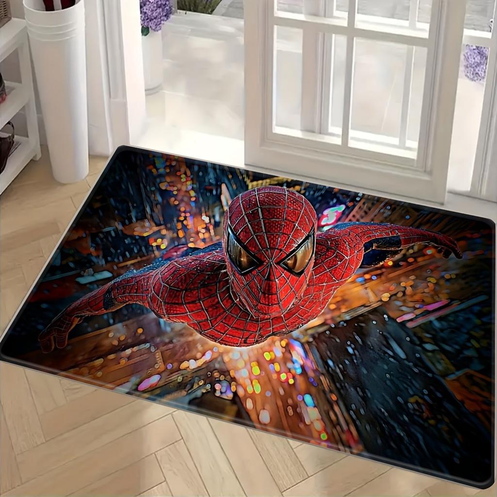 Authorized 1pc Cartoon Printed Mat, Spider- City Nightscape Dynamic Pose Red Blue Grid Battle Suit Theme Pattern Easy to Clean