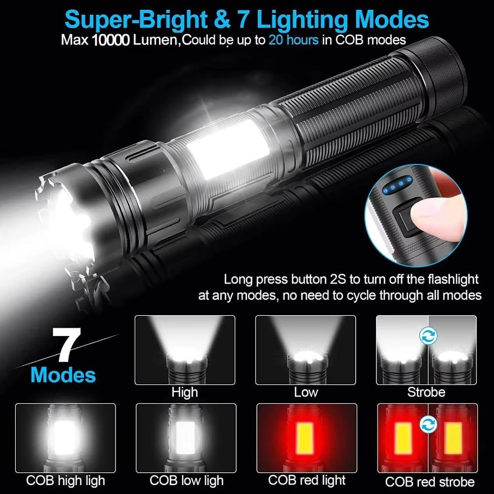 2000LM Powerful Zoom LED Flashlight with COB Side Lights 7 Modes Type-c Rechargeable Torch Lights Outdoor Emergency Lantern