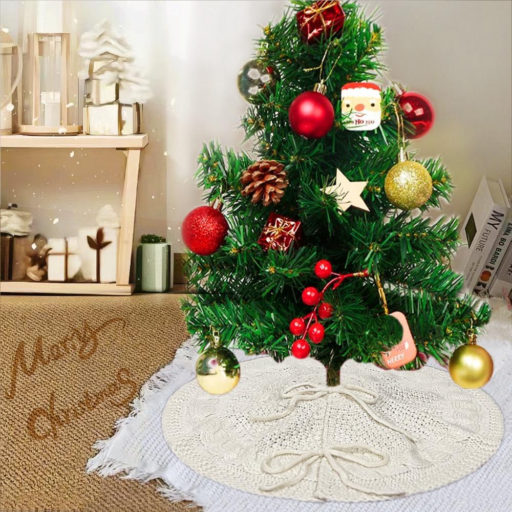 Household 18 in Knitted Christmas Tree Skirt Red/White Round Christmas Tree Mat Polyester Christmas Tree Carpet Shopping Mall