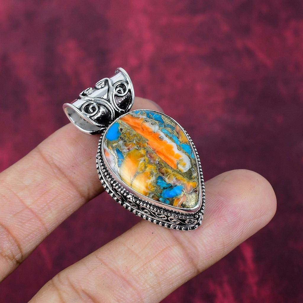 Подвеска ручной работы с оранжевым колючим устричным камнем, подвеска из стерлингового серебра 925 пробы, для Дня благодарения