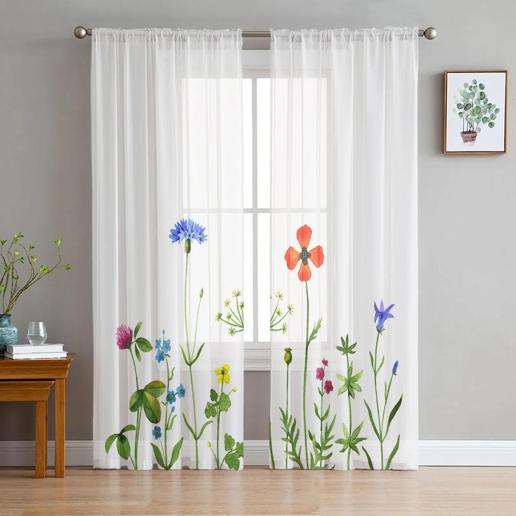 Watercolor Painting Flowers Leaves White Tulle Sheer Curtains for Living Room Bedroom Decor Window Curtain Voile Organza Drapes