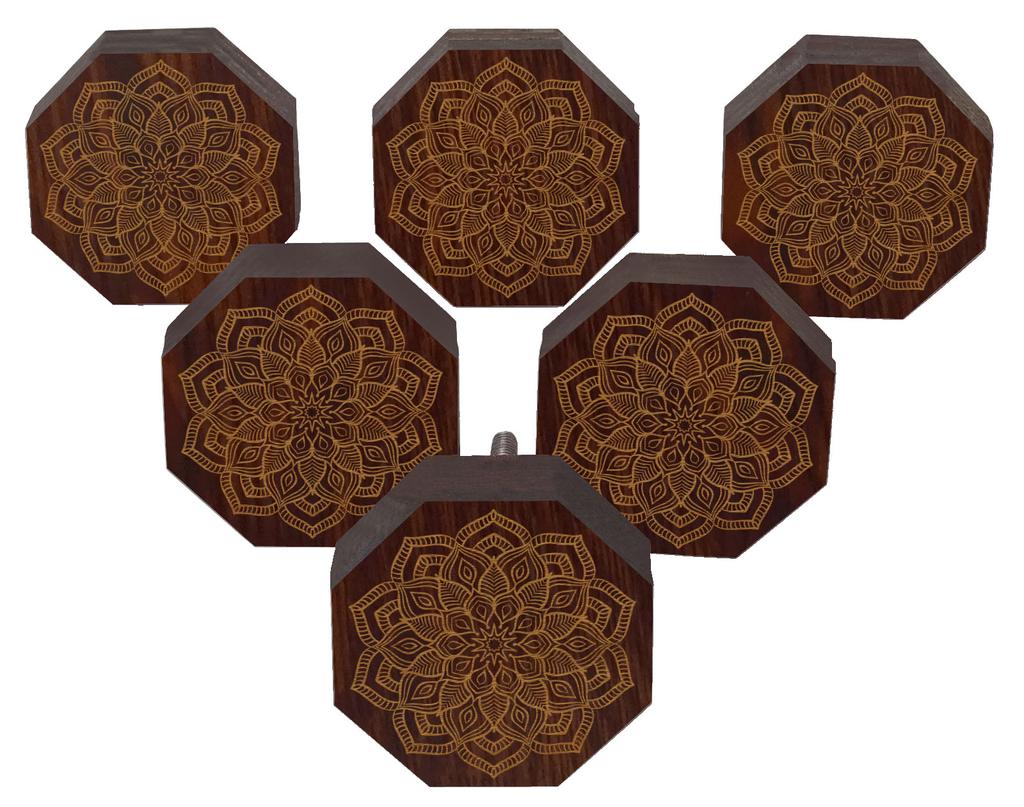 IBA Indianbeautifulart Brown Engraved Knobs Pack of 10 Wooden Wardrobe Door Knobs Drawer