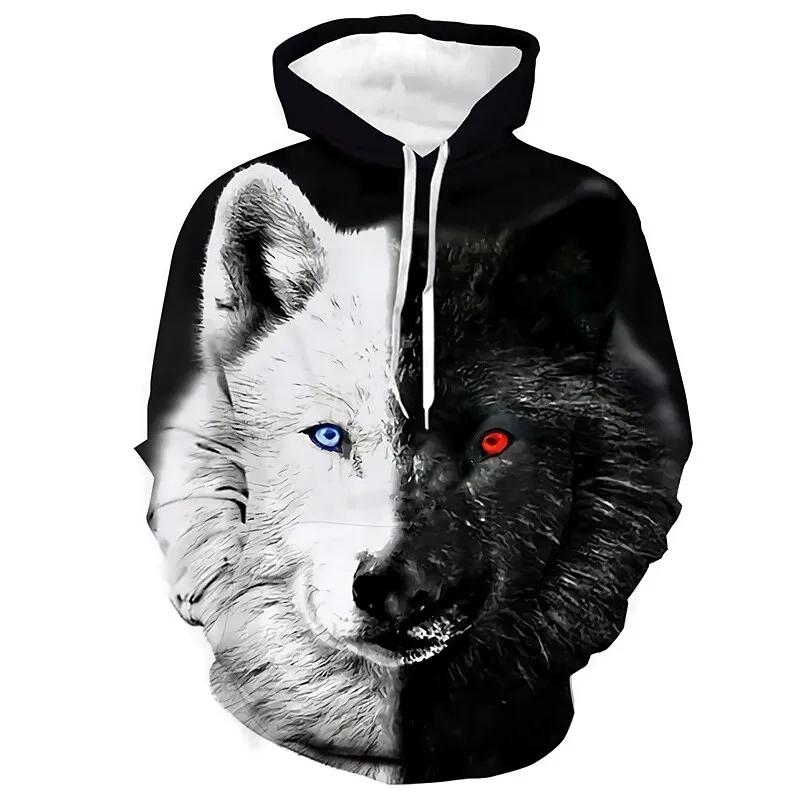 Black and White Wolf Print 3D Men's Hoodies Fashion Animal Pattern Women's Sweatshirts Leisure Essentials Pullover Jackets Coat