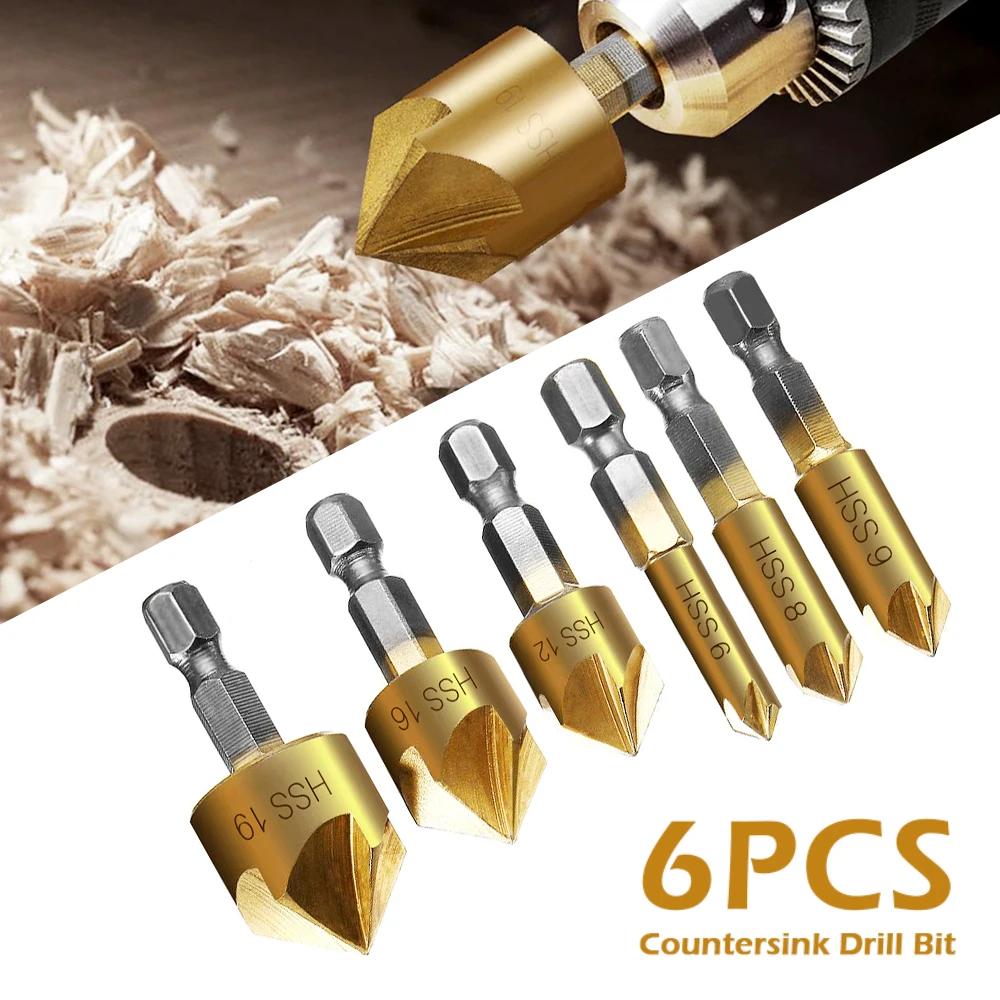 6Pcs Hexagonal Handle Conical Countersink 90 Degrees Conical Countersink Drill Bit Coated for Metal with Hex Shank Wood 6-19mm