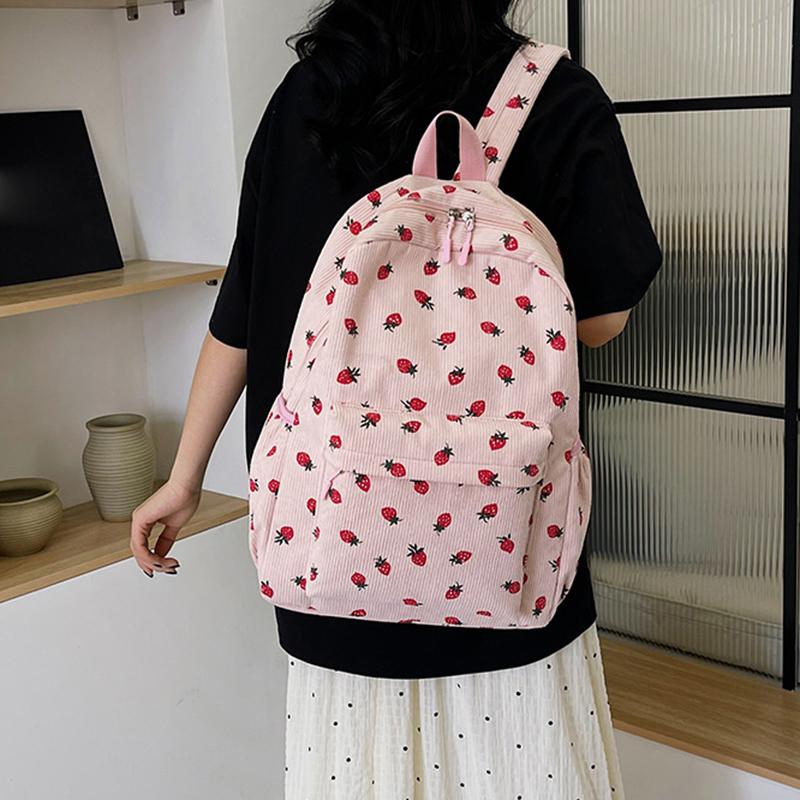 Вельветовый рюкзак с клубникой, повседневный дорожный рюкзак, большая вместимость, модный подростковый рюкзак, регулируемый ремешок для путешествий на открытом воздухе AVE