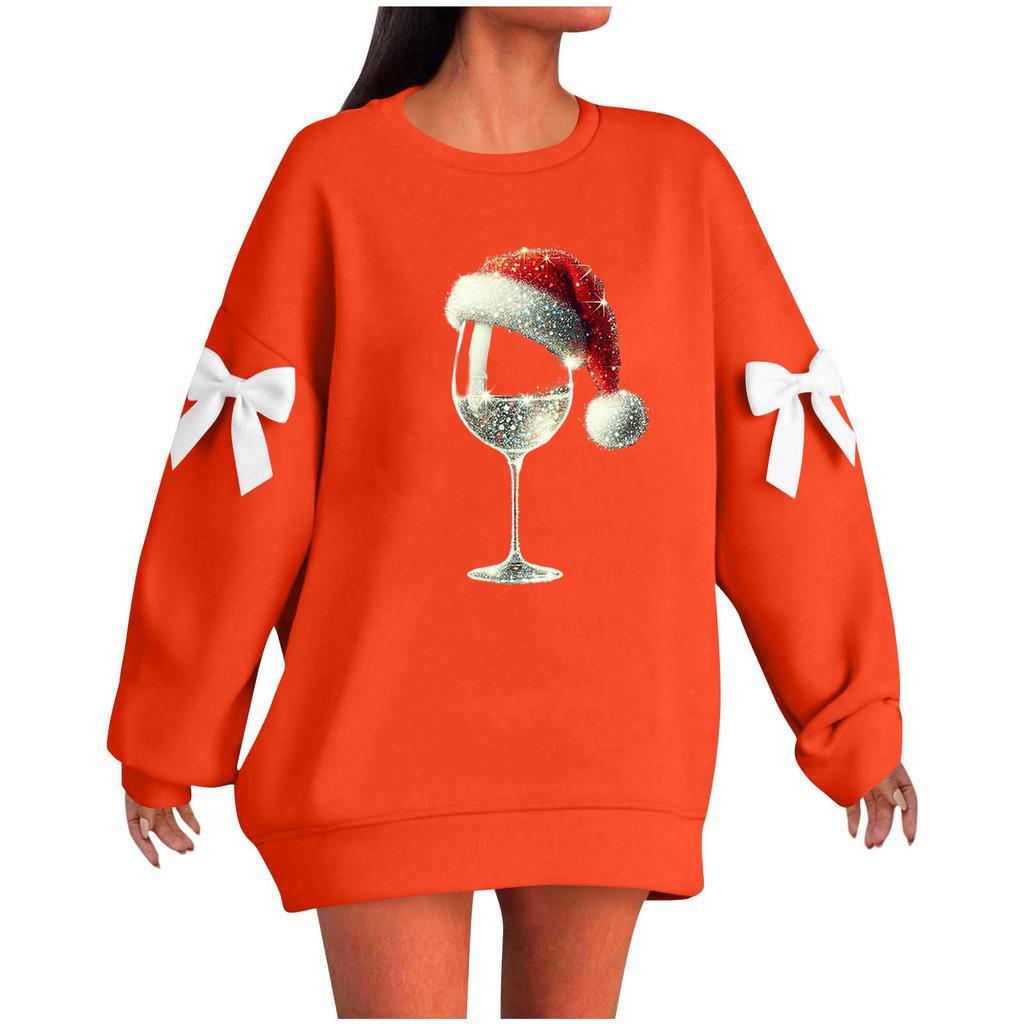 Ladies' Christmas Printed Bow Round Neck Long Sleeved Loose Pullover Sweater Sweatshirt Top