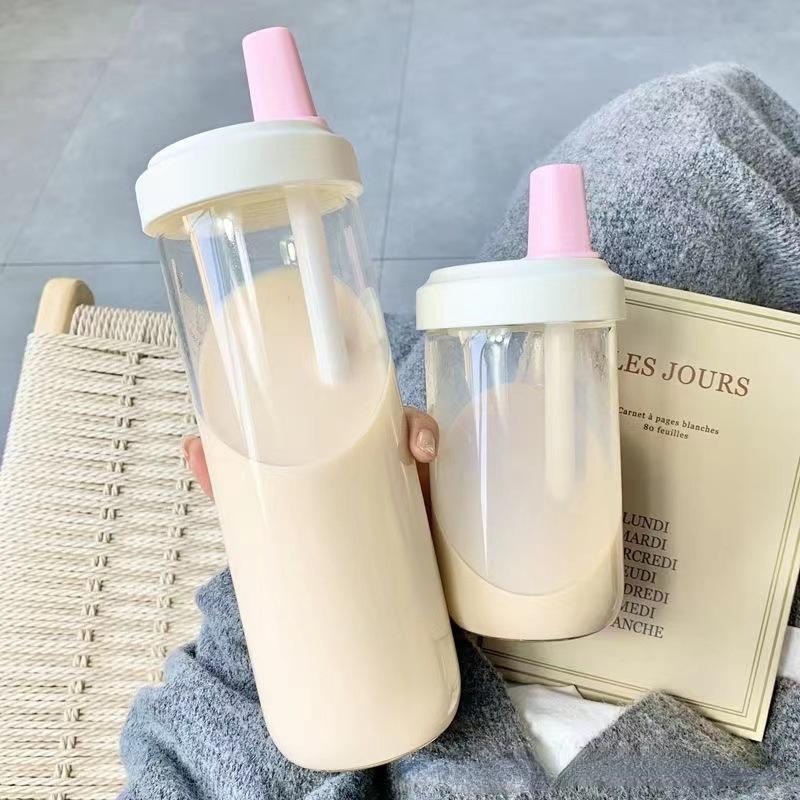 Kawaii Cat Boba Plastic Water Bottle with Straw PU Sleeve Cute Coffee Bubble Tea Milk Cups Portable Drinking Bottle BPA Free