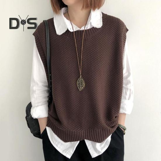 Women Knitted Vest Autumn Winter O Neck Solid Color Wavy Hem Warm Soft Loose Casual Female Ladies Waistcoat Sleeveless Top Knitwear
