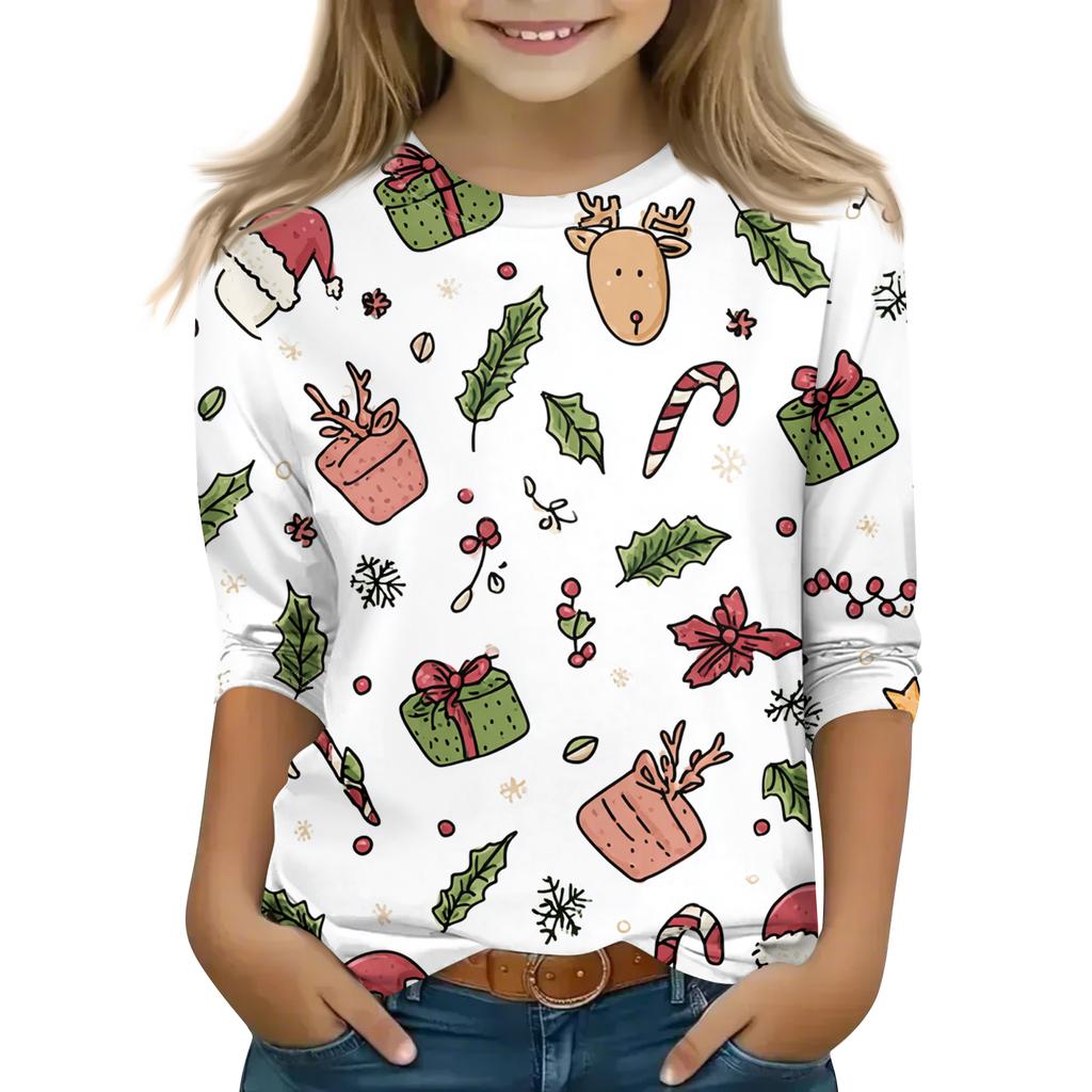 Children's 3/4 Sleeve Round Neck Top Christmas Tree Printed Everyday Casual Top