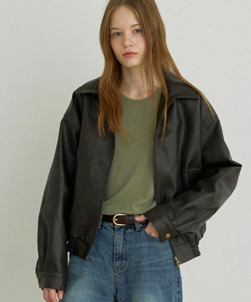 Asif Solid Leather Blouson Jacket (Brown)
