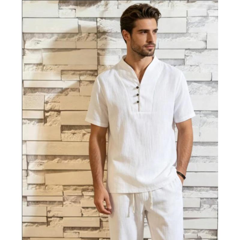 Мужской повседневный комплект из 2 предметов: рубашка-henley с коротким рукавом и воротником-стойкой, черная, из смешанного льна