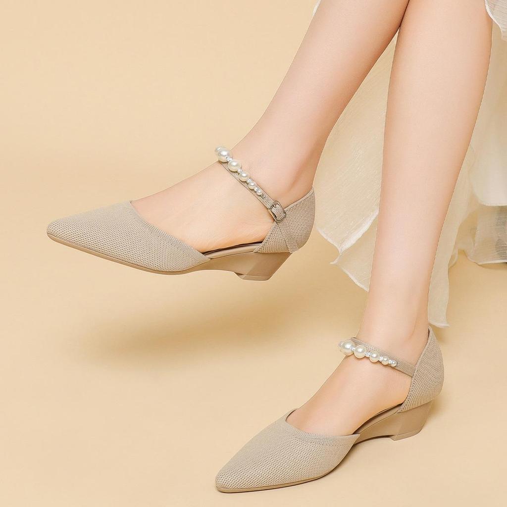 Женские весенние туфли на каблуках с острым носком, повседневные туфли с неглубокой горловиной и полой пряжкой, однотонные туфли с жемчужным принтом, размеры 34-40