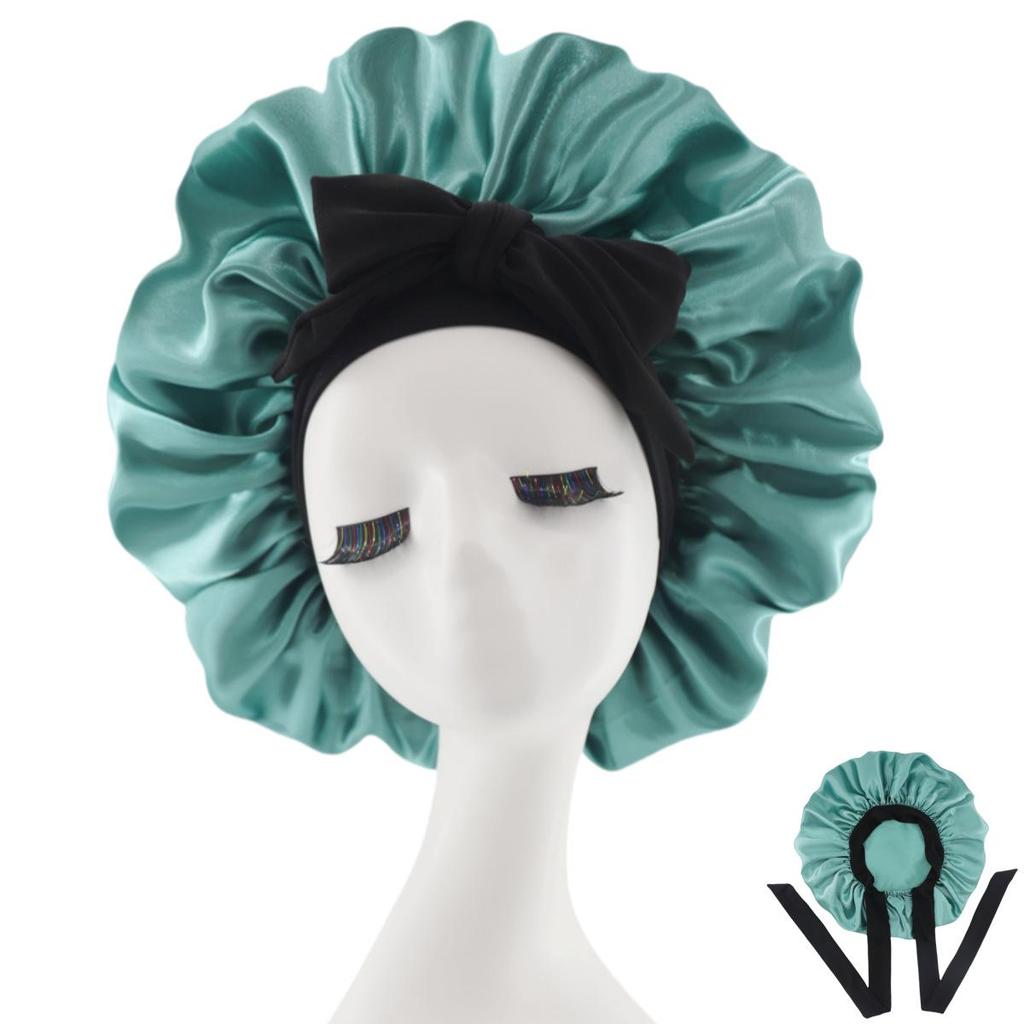 Silk Satin Sleep Cap with Ribbon Bow for Women - Elastic Wide Brim Bath Headscarf Hat for Hair Care
