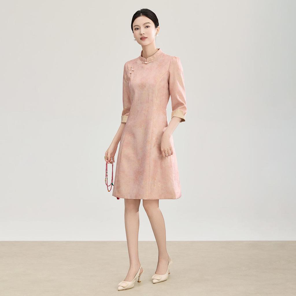 Nanyou Spring New Chinese Style Jacquard Satin Crepe Qipao Dress for Women