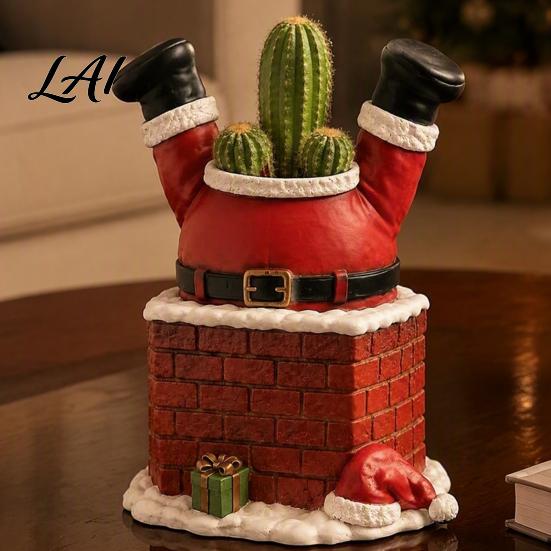 Winter Garden Decor Santa Claus in Smokestack Flower Pot Ornament Resin Decorative Plant Reusable Holiday Decoration Container Small for Tabletop