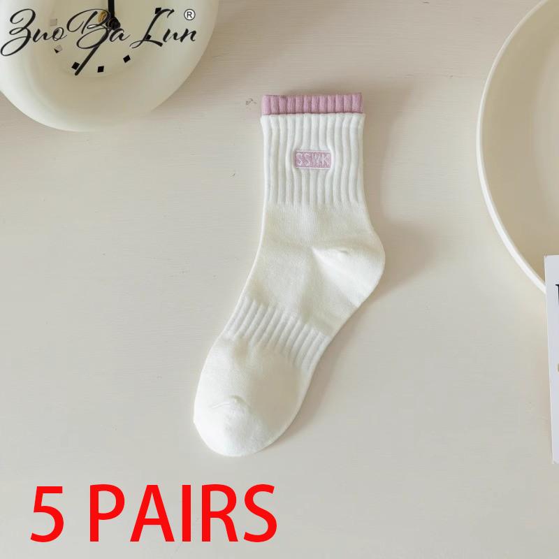 5 пар женских хлопковых носков средней длины, бесшовные, дышащие, однотонные, повседневные