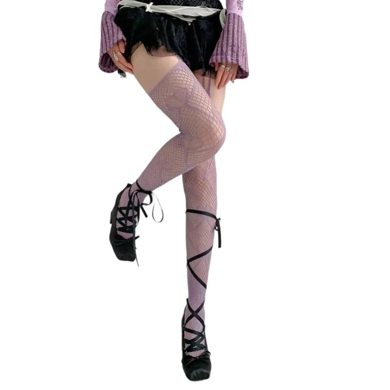 Women Gothic Fishnet Mesh Garters Thigh High Stockings Tights Hollowed Sweet Heart Patterned Sheer Suspender Pantyhose