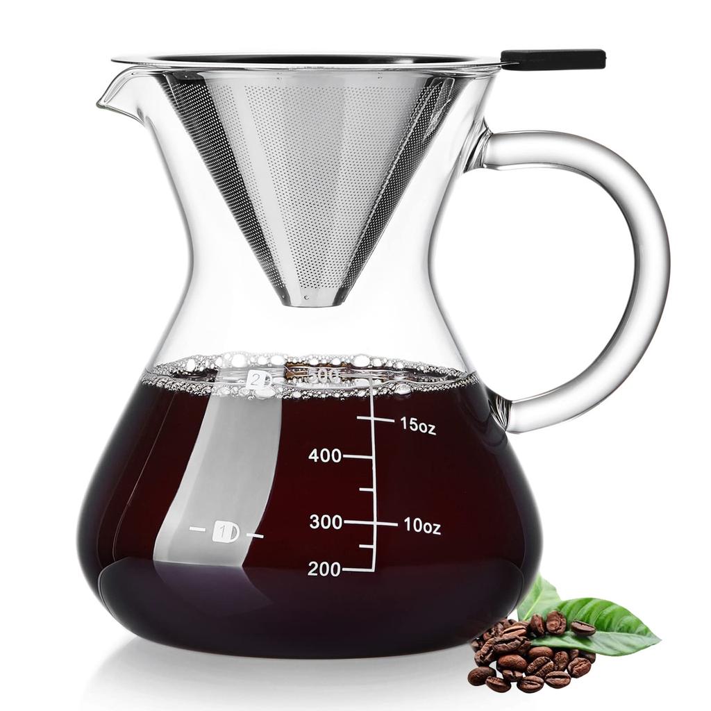 POKALOTEA Coffee Server, Drip Coffee Server, 500ml, No Paper Coffee Filter Required, Borosilicate Heat-Resistant Glass Pot and Reusable Stainless