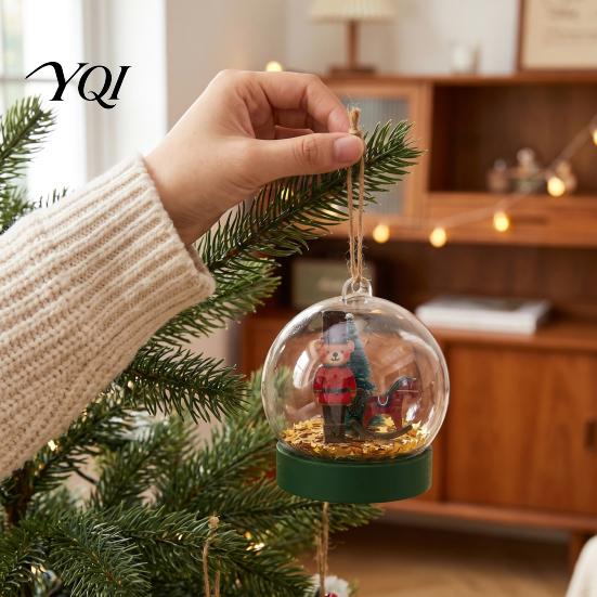 Transparent Spherical Hanging Ornaments Crystal Ball Style Bear/Nutcracker Christmas Tree Ornament, Miniature Retro Holiday Scenes Pendant with