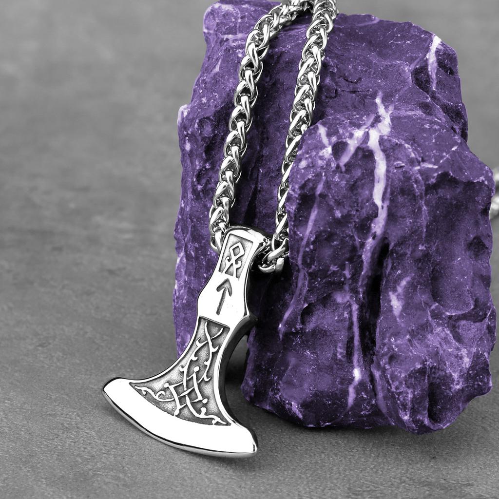 Stainless Steel Vikings Rune Axe Necklace Men's Nordic Fashion Thor's Hammer Pendant Necklace Punk Amulet Jewelry Wholesale Gift