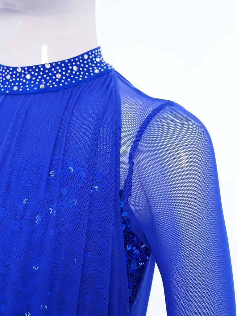 Girls Dance Leotard Long Sleeve Keyhole Back Design Sequins Rhinestones Sheer Mesh Figure Skating Outfit