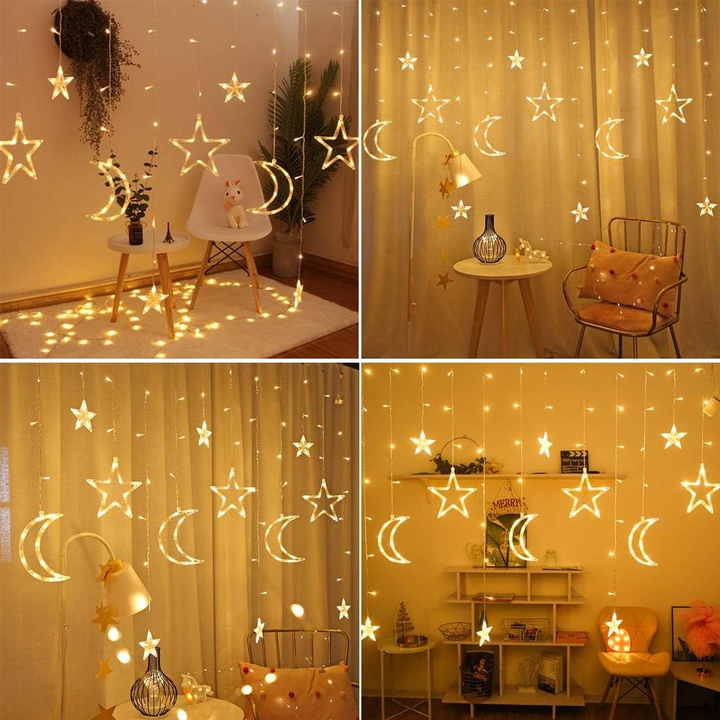 3.5m Star Moon LED Curtain String Light Battery Power Christmas Garland Fairy Lamp for Outdoor Garden Wedding Xmas NewYear Decor