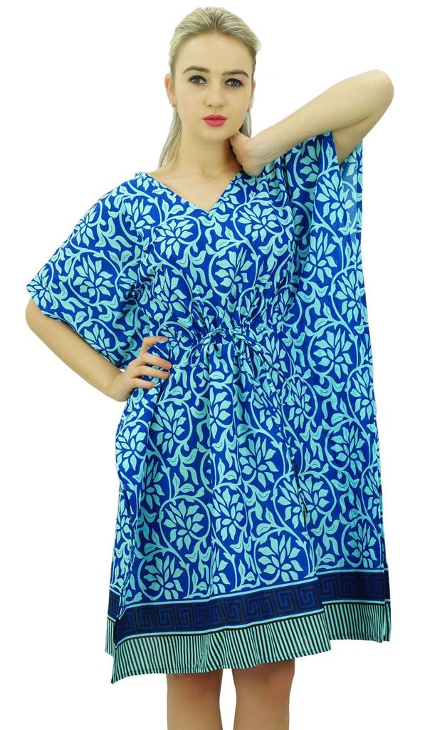 Phagun Короткий кафтан из хлопка с принтом синего цвета на завязках, ночная рубашка