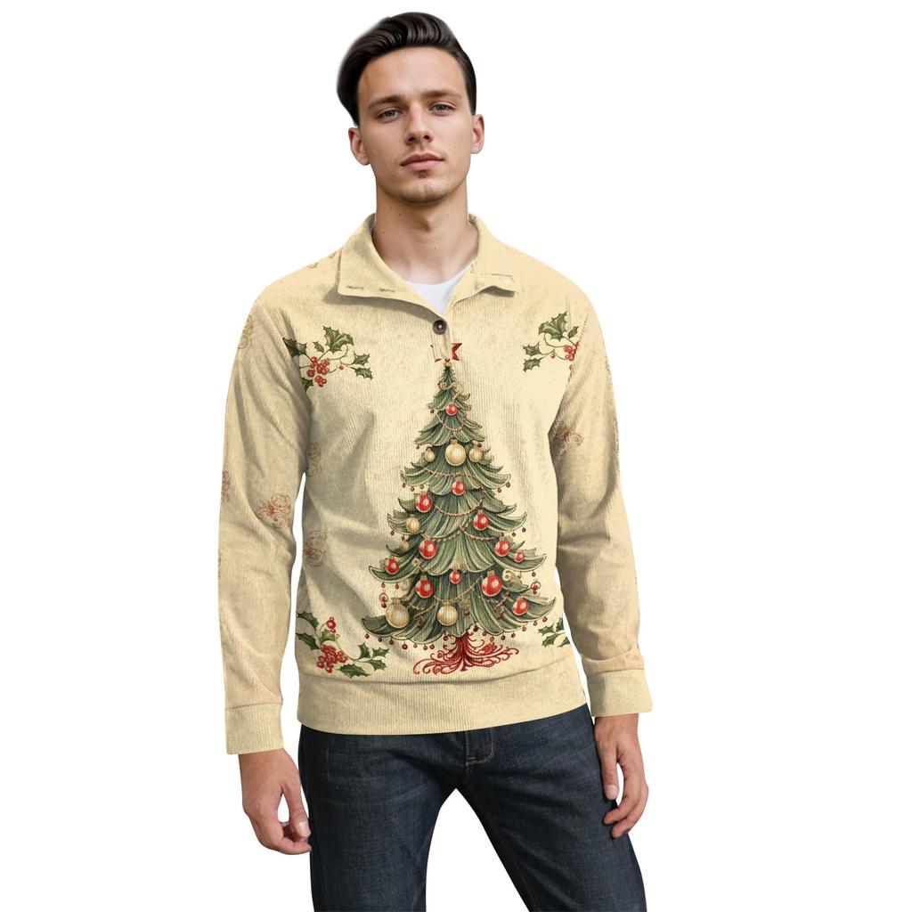 Мужская рождественская хлопковая рубашка-пуловер с длинным рукавом для активного отдыха, винтажная вельветовая рубашка с воротником-стойкой и пуговицами, повседневная толстовка с рождественским принтом