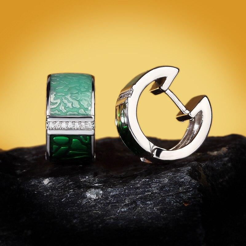 Exquisite Earrings for Women Genuine Green Square Sparkling CZ Stud Chic Fine Jewelry Handmade Enamel Bridal Jewelry