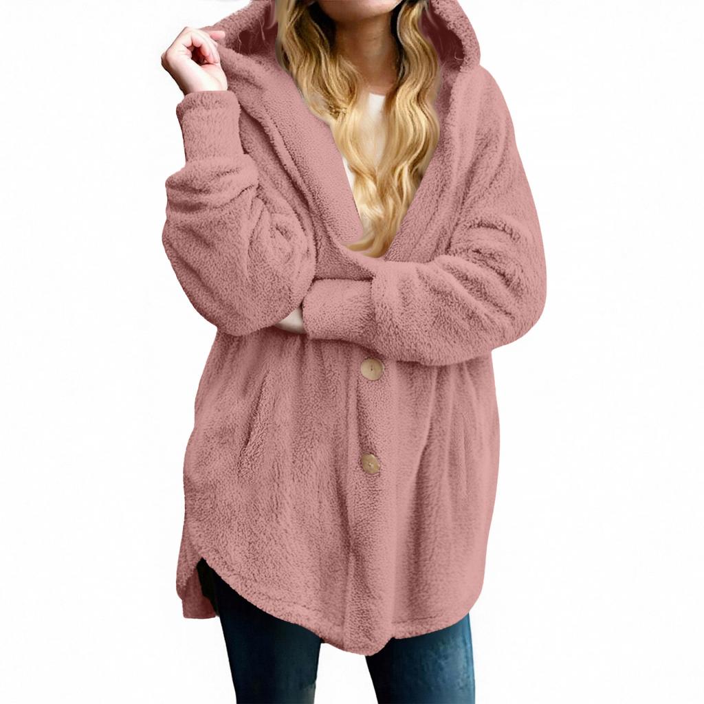 Women's Fashion Solid Color Pocket Button Hooded Plush Coat