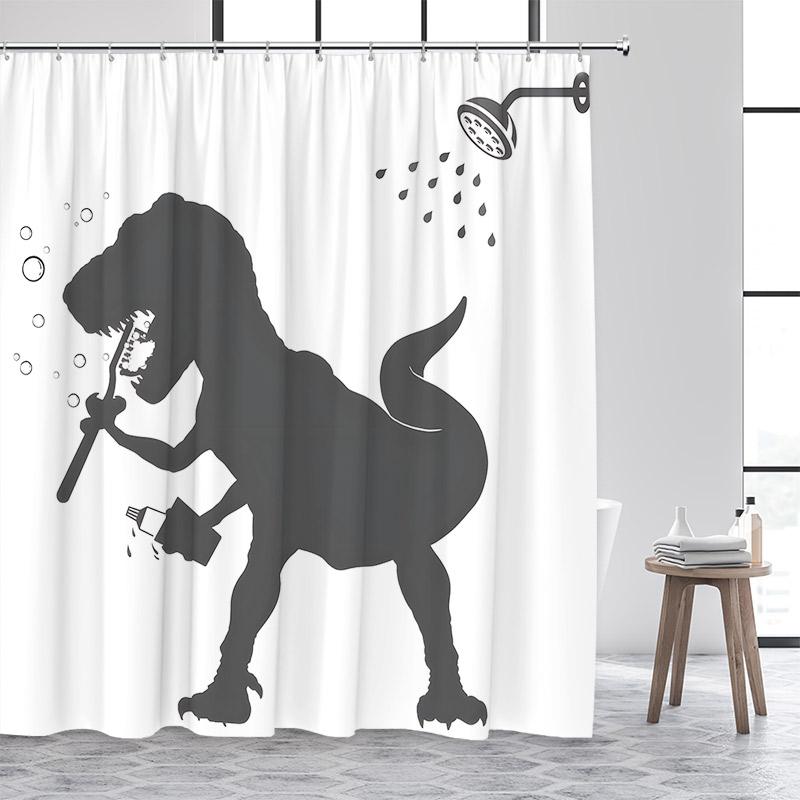 Funny Cat Riding Dinosaur Shower Curtain Cute Animal Surfboard Sea Waves Japanese Landscape Kids Bath Curtains Bathroom Decor