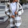 Glitter Casual Plush Women's Hooded Regular Long-sleeved Plaid Bubble Fleece Unbuttoned Coat