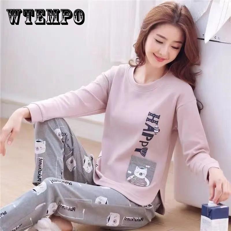 Women Long Sleeve Pajamas Set Cotton Soft Sleepwear Cartoon Cute Women's Pajama Tops and Pants Suit Pullover O Neck Spring Autumn Winter Home Wear