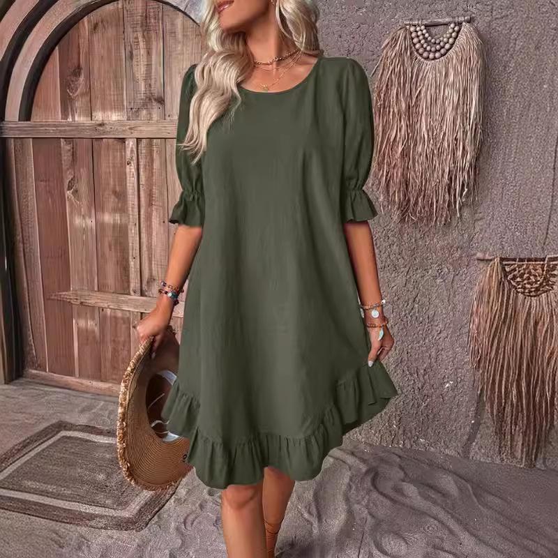 GMXIA Женские винтажные платья весна/лето из хлопка и льна со средними рукавами и круглым вырезом, однотонные, со свободным подолом
