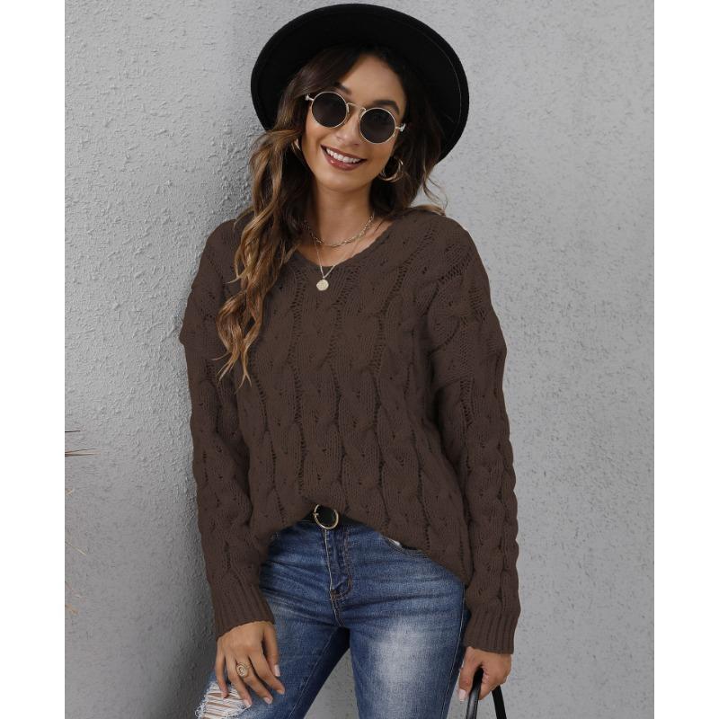 Autumn and Winter Women's Thickened Twist Knit V-Neck Hooded Loose Pullover Sweater