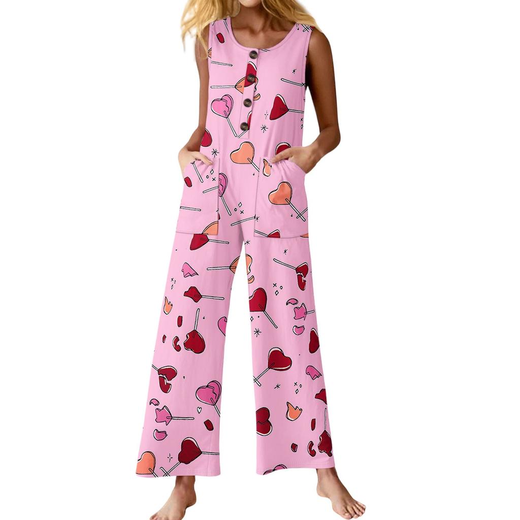 Women's Fashion Casual Button Sleeveless Jumpsuit Floral Flower Print Cotton Pocket Jumpsuit