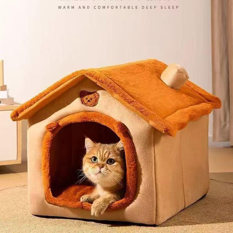 House Cat & Small Dog Winter Teddy House with Detachable, Washable Pet Mat - Warm Four Seasons Enclosed Bed
