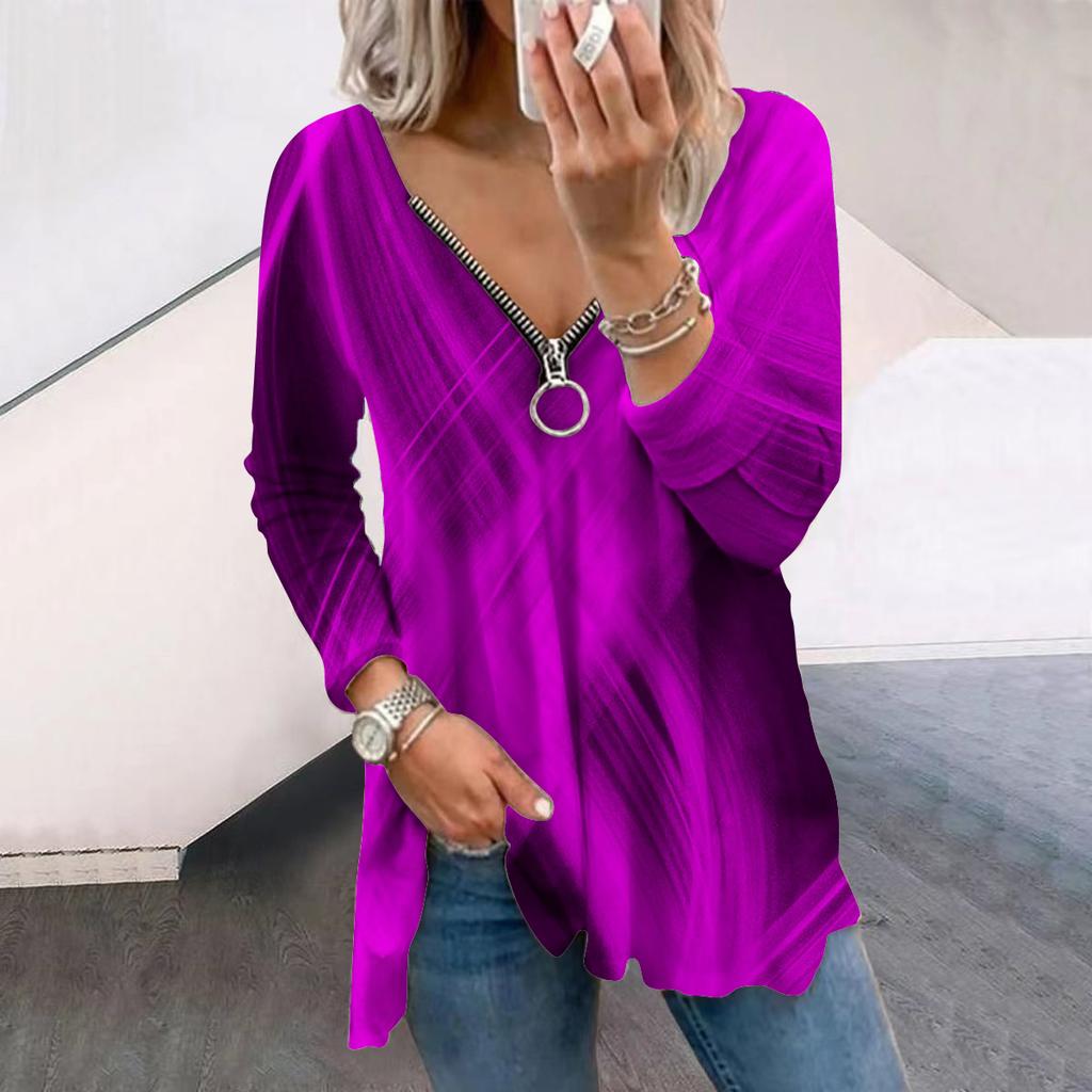 Women Autumn Colorful Intersecting Lines Printed Long Sleeve T-Shirts Loose V-Neck Plus Size Tee Shirt Tops Comfy Blouse