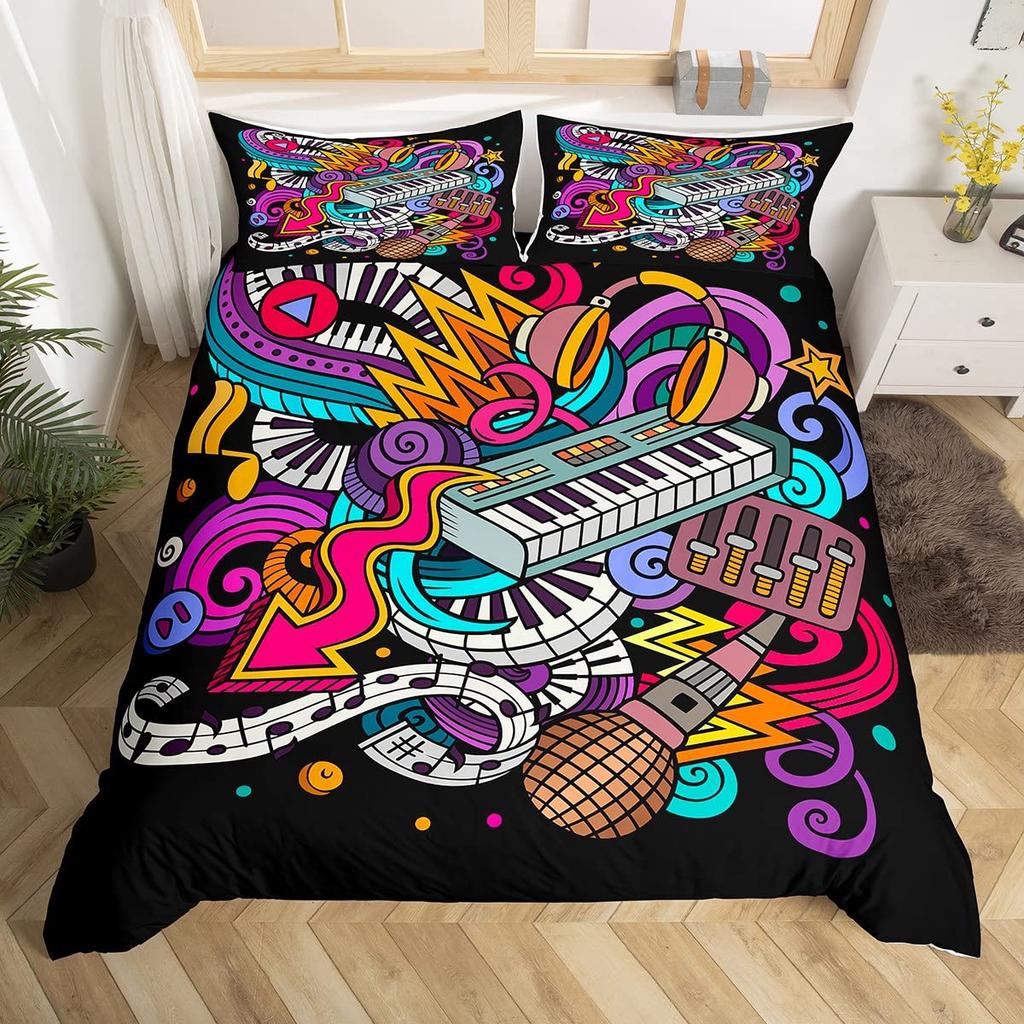 Пододеяльник с музыкальными нотами King Queen Glittering Guitar Music Instrument Комплект постельного белья Starry Beder Cover Galaxy Quilt Cover