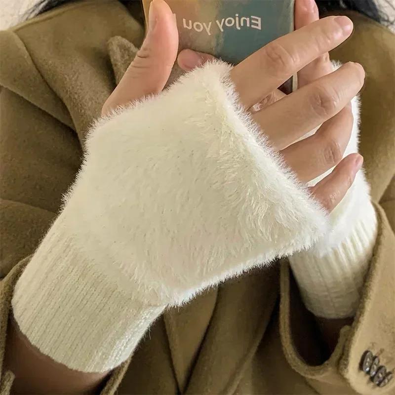 Soft Winter Half Finger Gloves Women Warm Luxury Solid White Plush Knitted Fingerless Gloves Wrist Mittens Writting White Black