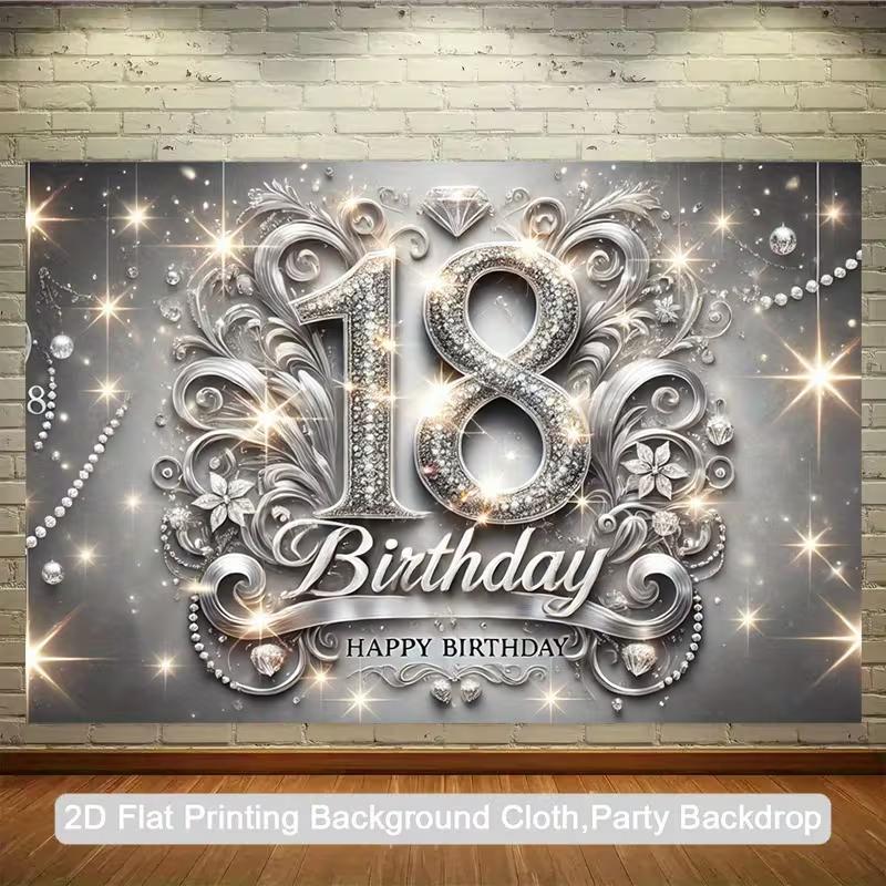 2D Silver Diamond 18th Happy Birthday Backdrop Photography Background