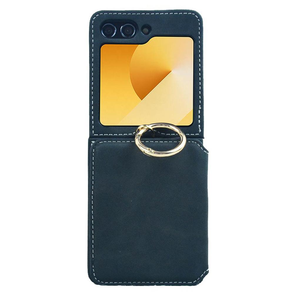 For Samsung Galaxy Z Flip5 5G Case Card Holder Leather+PC Phone Cover with Finger Ring