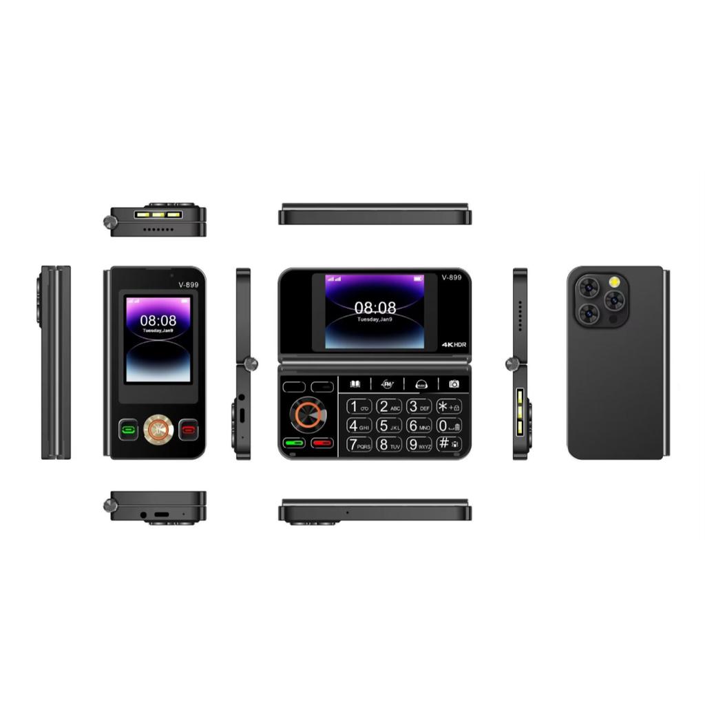 V-899 2G складной мобильный телефон 2,8-дюймовый двойной экран 32 МБ ОЗУ 64 МБ ПЗУ MTK6261A две SIM-карты 3,0-мегапиксельная камера Type-C FM Mp4 Torch мобильный телефон