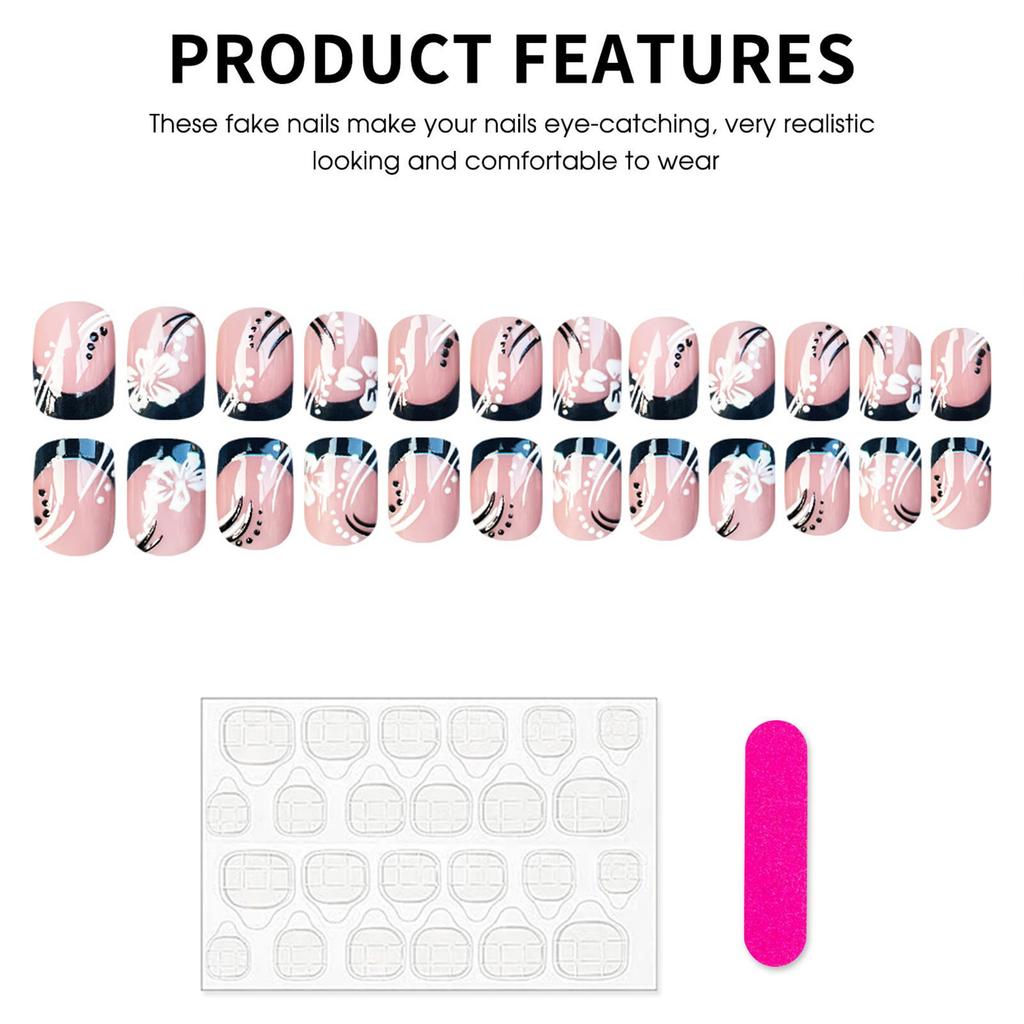 French Style Glossy Flower Nail Tips 24 Pieces Lightweight Comfortable Wear for Daily