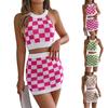 Женский модный сексуальный контрастный клетчатый топ с пупком и юбкой на бедрах, трикотажный костюм