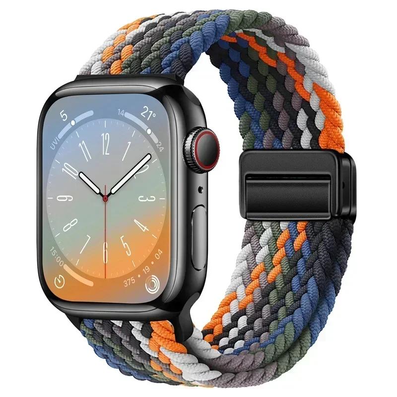 Плетеный нейлоновый ремешок-петля для Apple Watch Ultra2 49мм 9 8 7 45 41мм Металлический магнитный браслет-ремешок для 6 5 4 3 SE 44 40мм