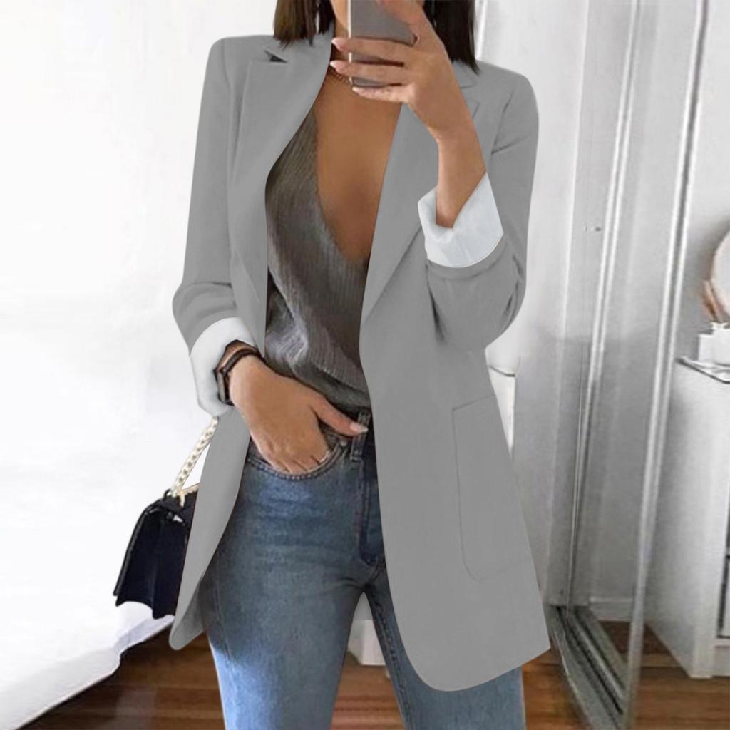 Women Solid Open Front Pockets Cardigan Formal Suit Long Sleeve Blouse Coat