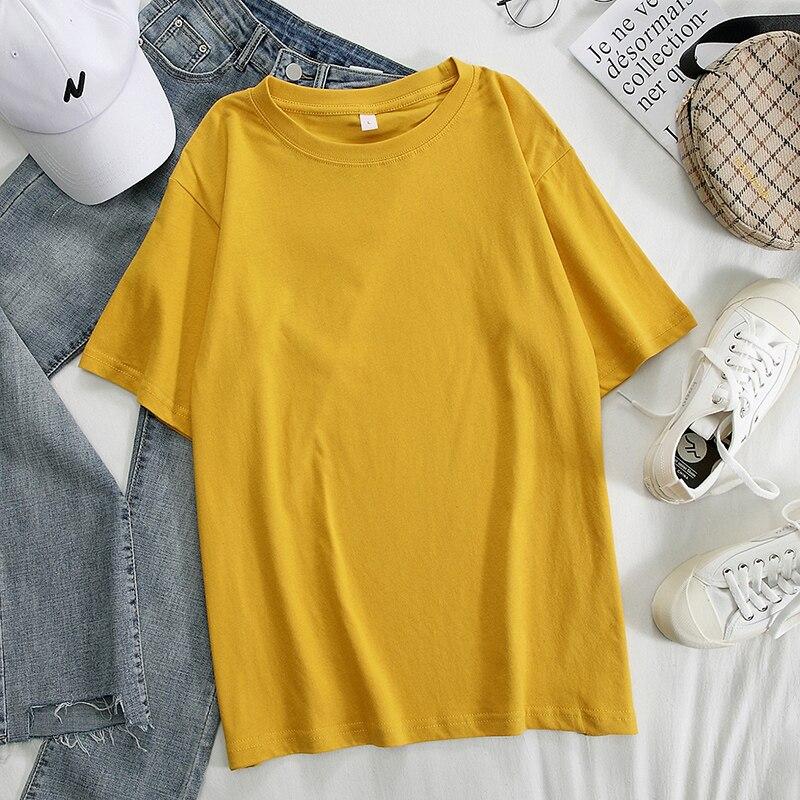 Женская хлопковая футболка, летние свободные однотонные футболки цвета конфет