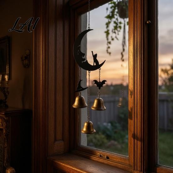 Home Aesthetic Hanging Decor Halloween Broomstick Witch Bells Vintage Gothic Metal Wind Decorative Pendant for Patio Chime Door Wall Window