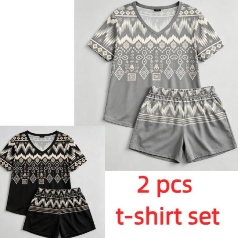 Summer Geometric Wavy Lines Pattern Printed V- Neck Short Sleeved T-Shirt And Shorts Set Women's and Men's T-shirt Shorts Set